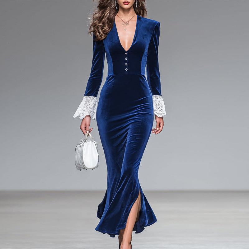 V-neck Long-sleeve Womens Elegant Slim-fit Dress With A Mermaid Skirt