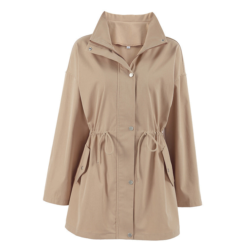 Drawstring Trench Khaki Waist Mid-length Coat