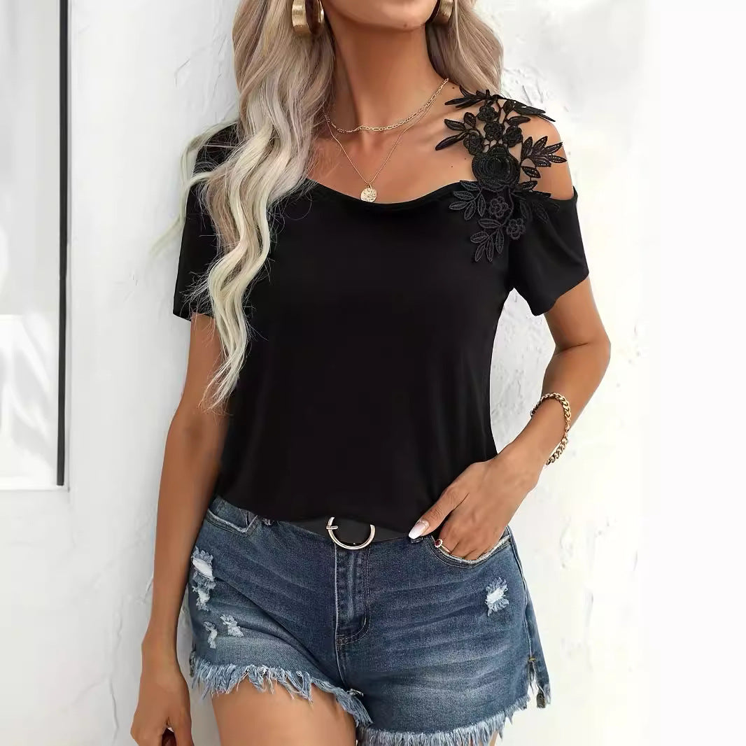 New Solid Color Stitching Fashion Lace T-shirt Women's Top