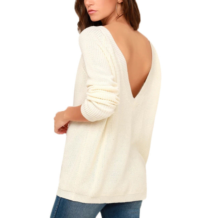 Womens Backless Knitted Sweater With A Deep V-Neck In The Back