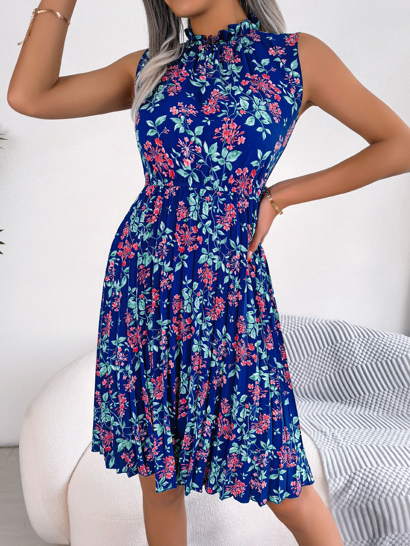 Women Elegant Ruffle Trim Floral Print Tie Waist Pleated Dress