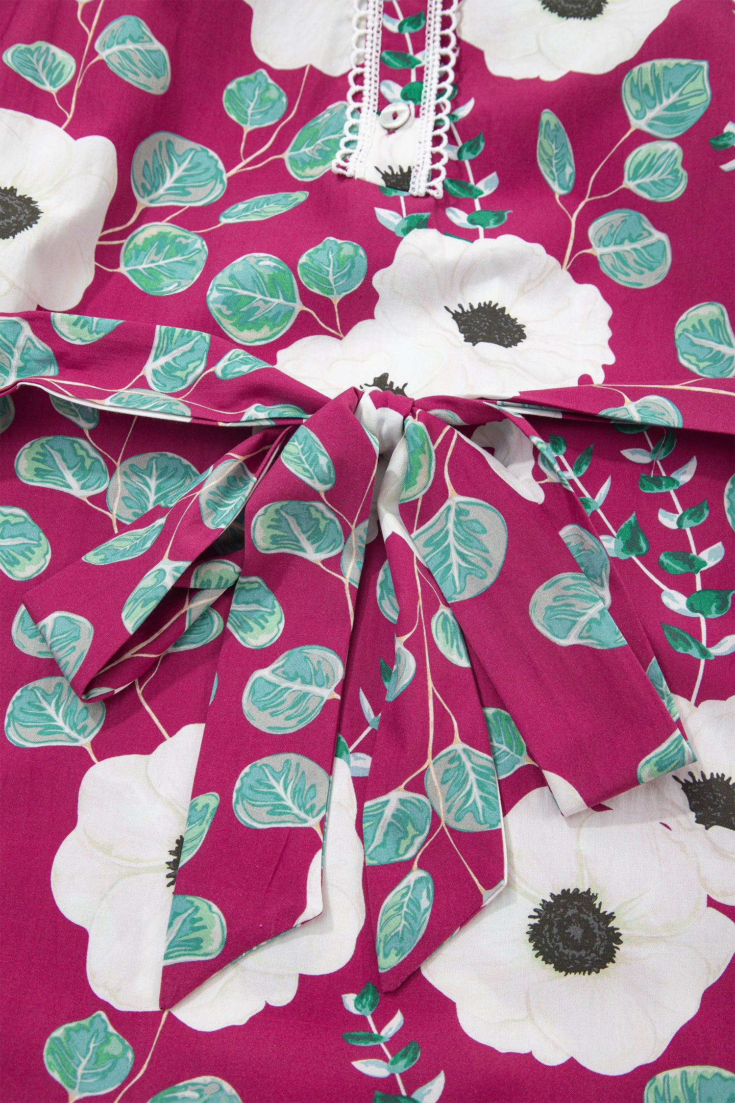 Red Floral Print Trimmed Short Puff Sleeve Mini Dress with Belt