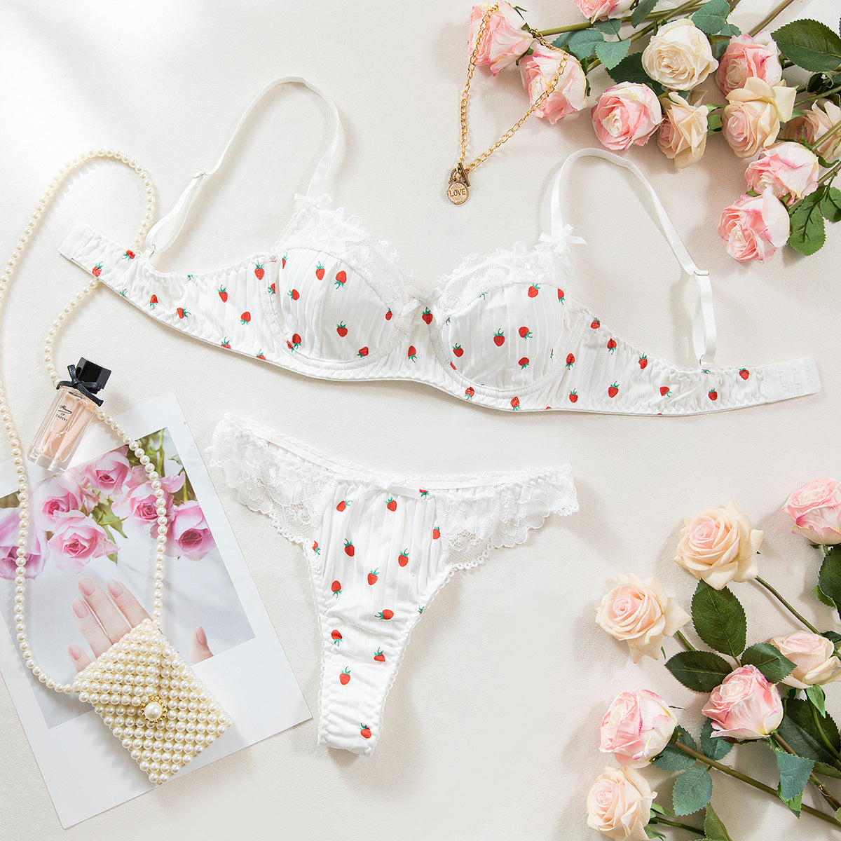 Lace Trim Tempting Lingerie Women's Thin Floral Print Gathered Anti-Sagging Sexy Bra Set