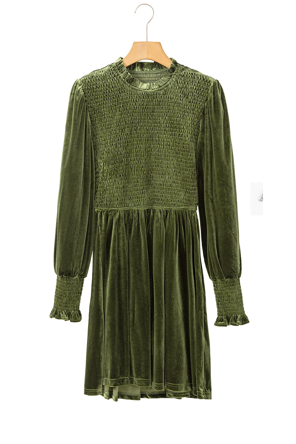 Green Smocked Lantern Sleeve Frilled Velvet Dress