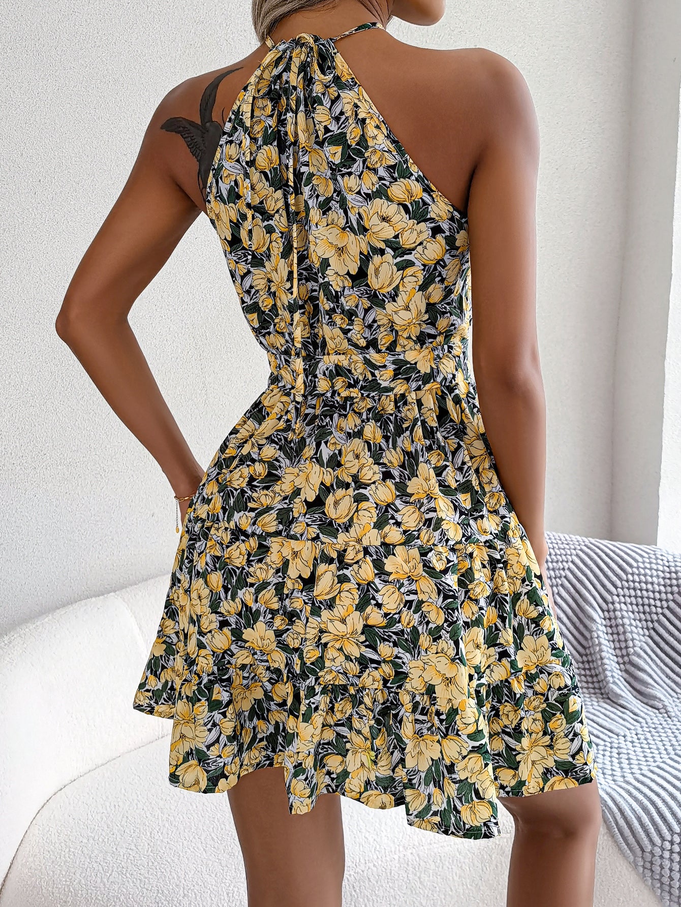 Women Casual Ruffle Hem Flowy Floral Print Vacation Dress