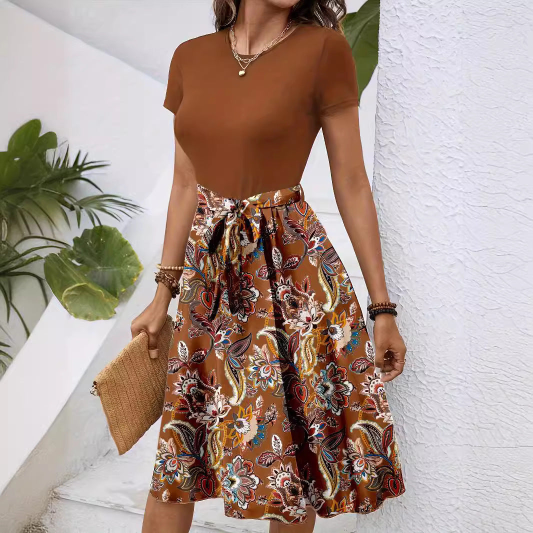 Fashionable Paisley-Print Colorblock Belted Dress