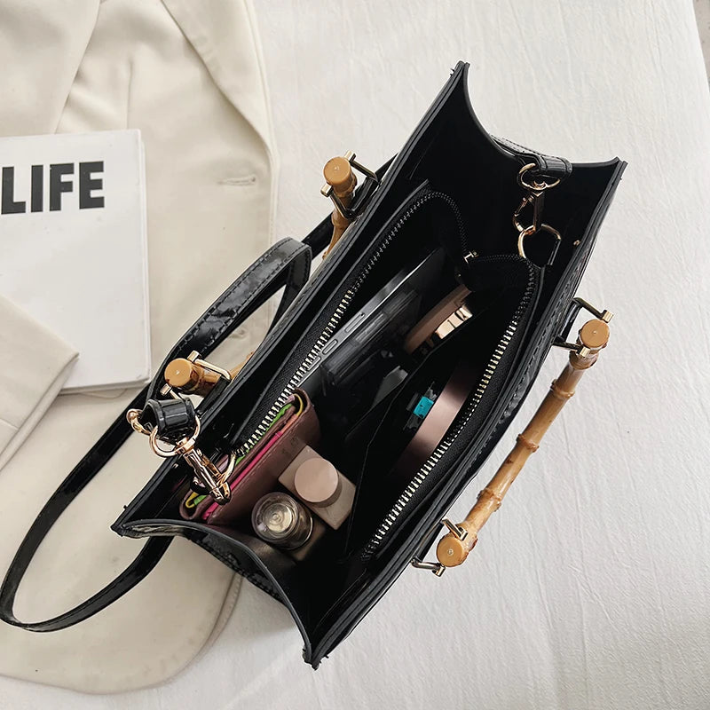 High Quality Leather Shoulder Bag For Women Luxury Alligator Handbag Designer Women Bag Retro Bamboo Handle Tote Bag Female