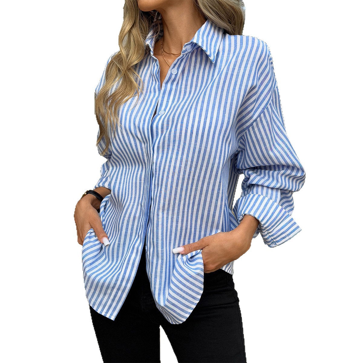 Elegant Commuter Blue And White Striped Button-Up Shirt
