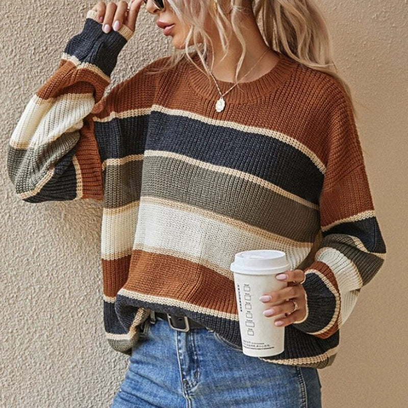 Women's 2025 Striped Color Block Sweater, Cute Crewneck Pullover Top, Fall Winter Fashion Knitwear