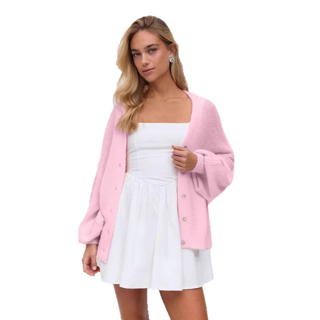 Soft Mohair V-neck Elegant Lazy Style Shell Buckle Lantern Sleeve Sweater