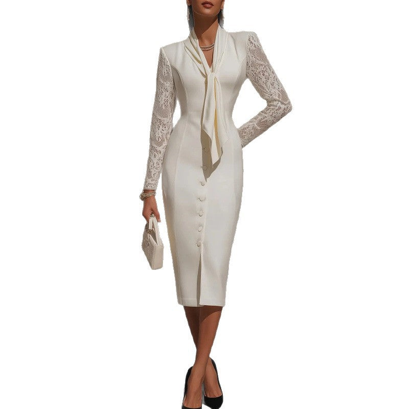 Lace Panel Long Sleeve Single Breasted Solid Color Dress With Buttons