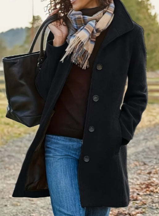 Women's Casual Tweed Coat - Solid Color Mid-Length H-Silhouette Button Front Long Sleeve