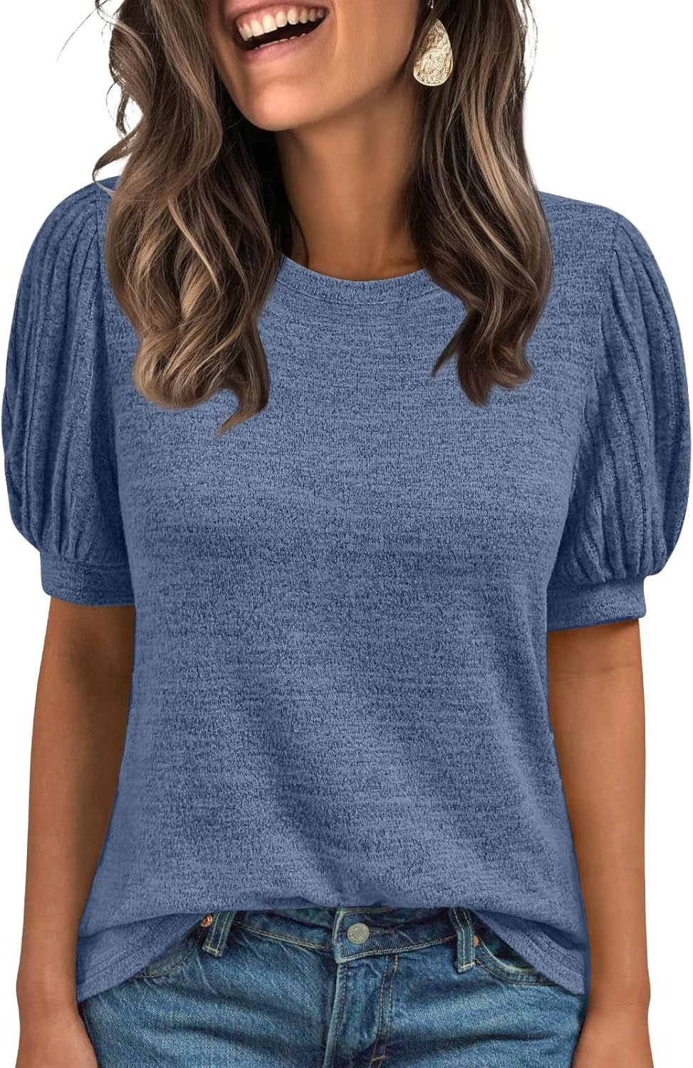 Spring Summer Crew-Neck Solid-Color Elastic-Cuff Short-Sleeve Top