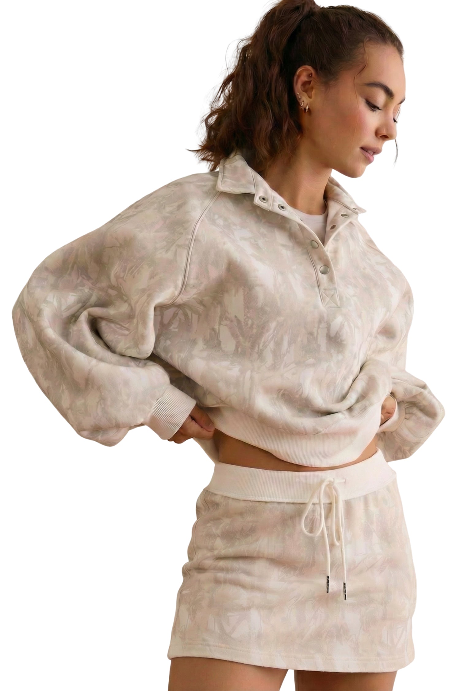 White Abstract Woodland Print Balloon Sleeve Pullover Drawstring Mini Skort Set