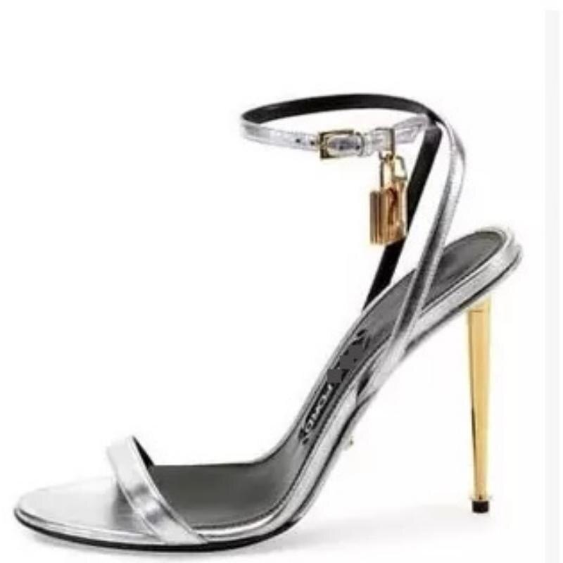 10CM Summer Women's Sandals Mirror Slingback Sexy Slotted Buckle Lock Stiletto Heels Shoes For Wedding Party Banquet