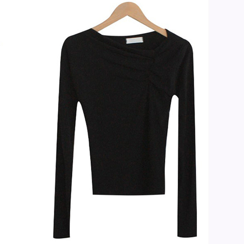 Diagonal Collar Long Sleeved Fitted T-shirt Base Solid Color Top