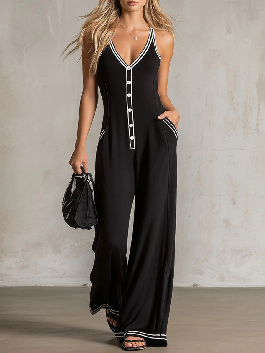 Womens V-Neck Casual Loose Backless Wide-Leg Jumpsuit