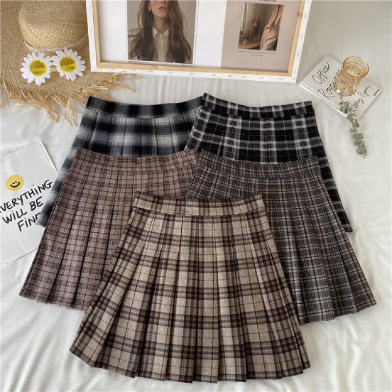 Autumn Winter Retro Coffee Color Plaid High Waist Half-length Summer Dress For Women
