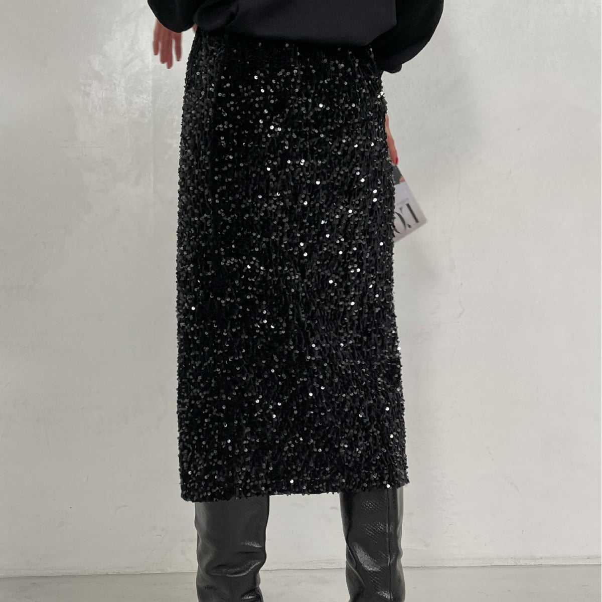 Sequins Skirt Party Sheath High Waist Slit Midi Skirt