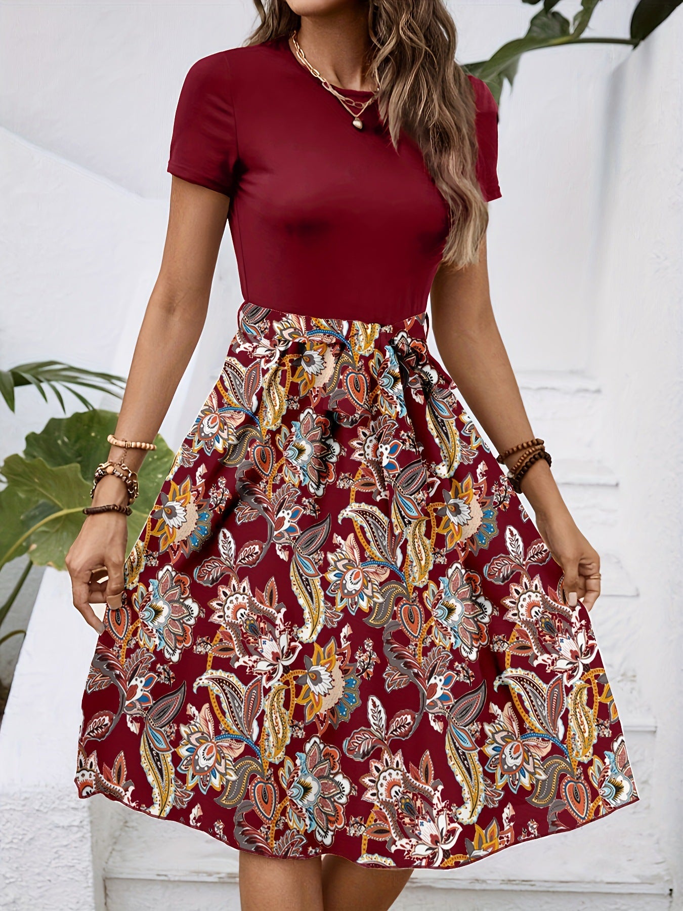 Fashionable Paisley-Print Colorblock Belted Dress