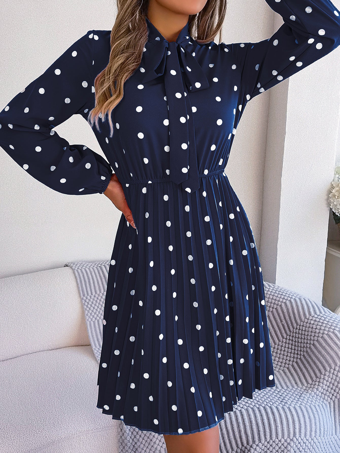 Women's Polka Dot Tie-Waist Long Sleeve Pleated Maxi Dress