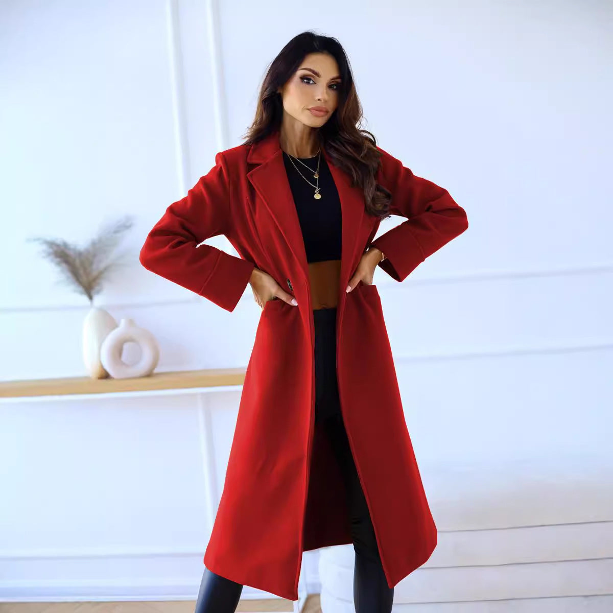 Simple Double Breasted Long Sleeve Lapel Button Woolen Coat