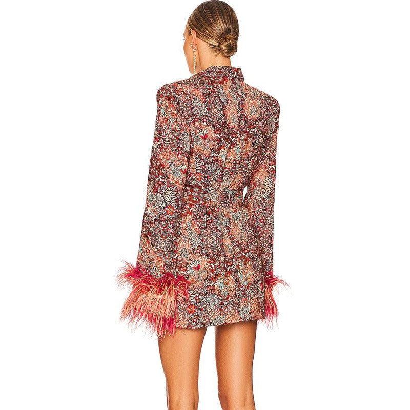 V-neck floral dress with decorative feathers at cuffs, elegant dress