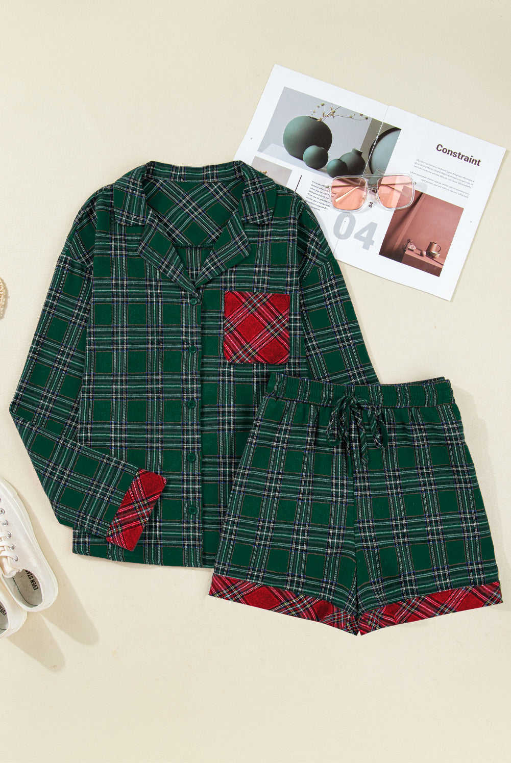 Green Plaid Contrast Patched Christmas Holiday Long Sleeve Shirt and Short 2pcs Pajama Set
