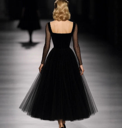 Womens Retro Classic French Black Gauze Dress