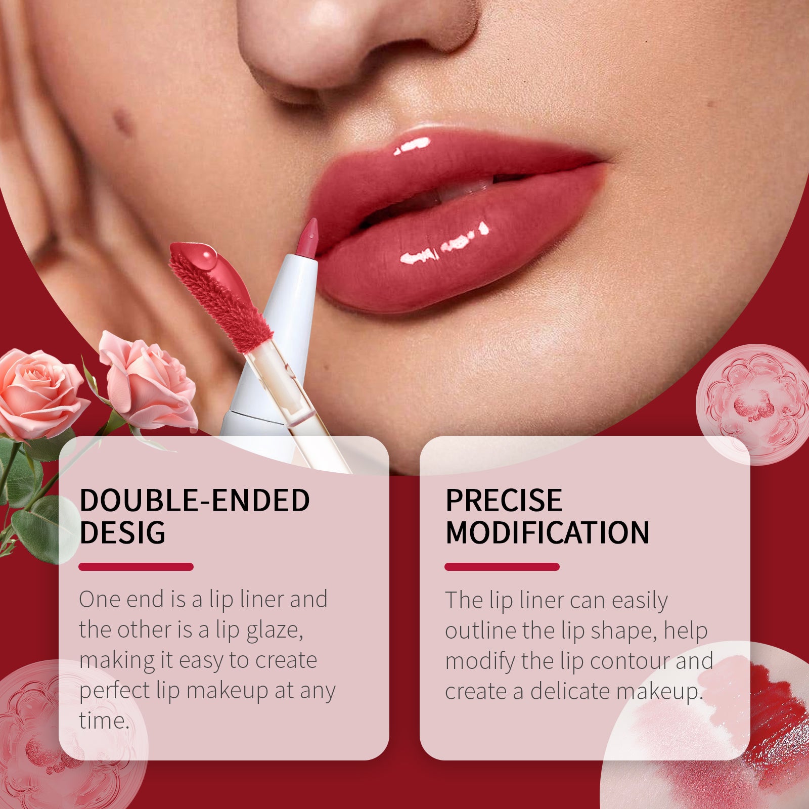 Double Head Essence Lip Line Lip Glaze Pen 2-In-1 Lip Line Lip Glaze Mirror Gloss Lipstick Lip Gloss