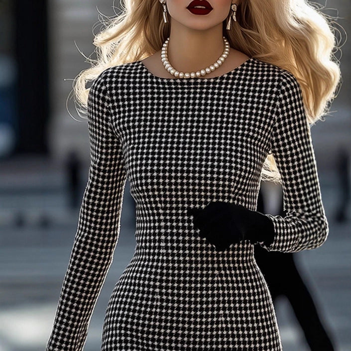 Womens Retro Elegant High-End Round-Neck Houndstooth Dress