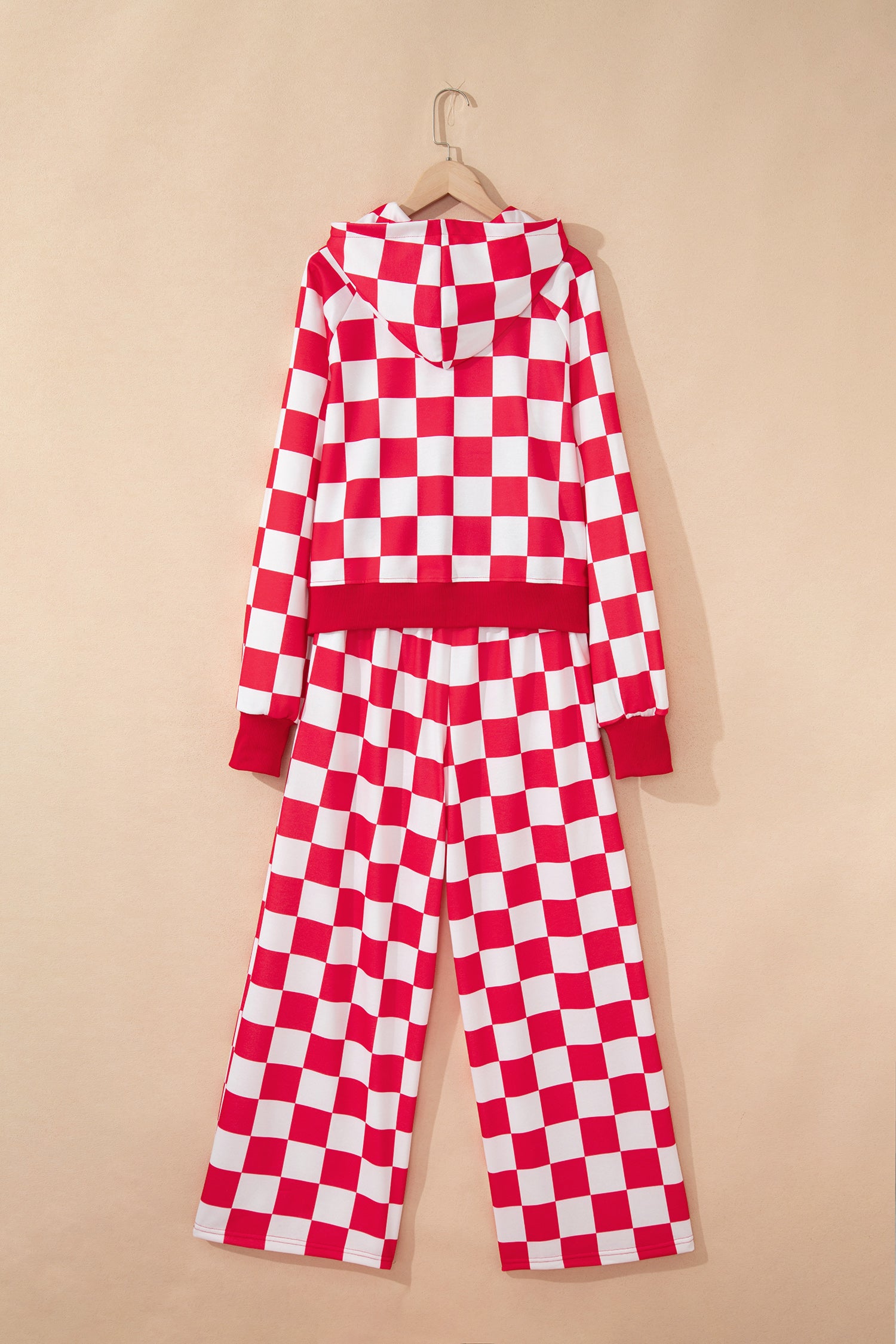 Red Checkered Print Half Zip Hoodie Loose Pant Set