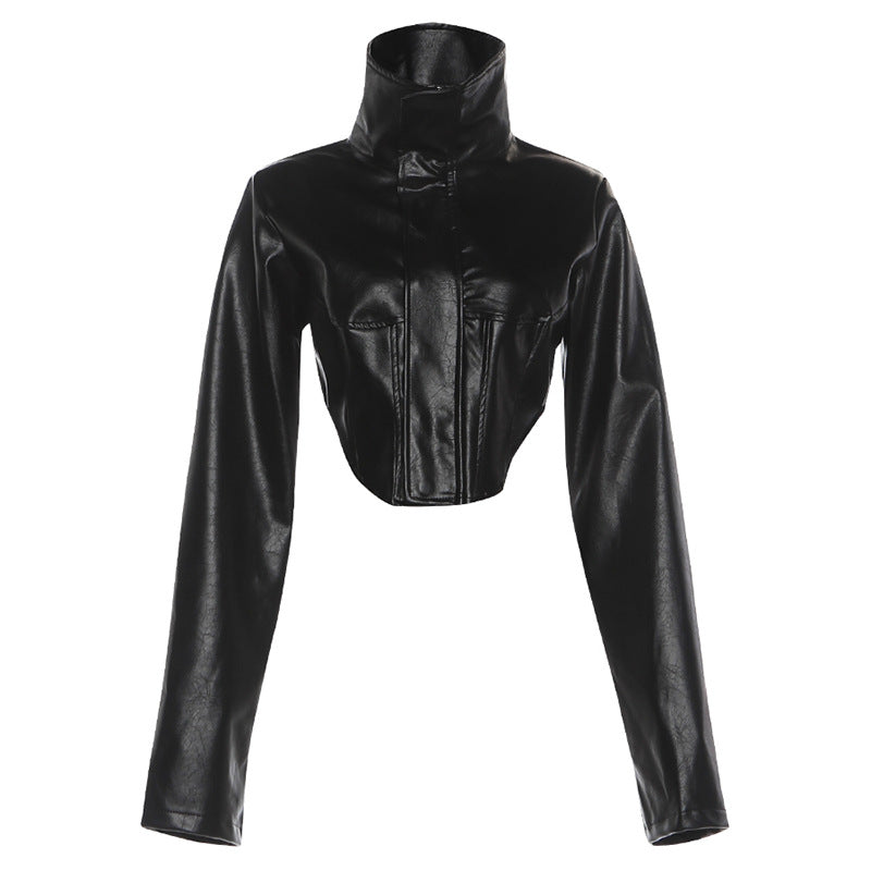 Solid-color High-neck Cropped Leather Jacket