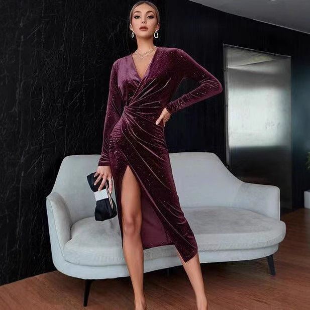 Women's V-neck Asymmetric Skirt Dress Gold Velvet Evening Dress