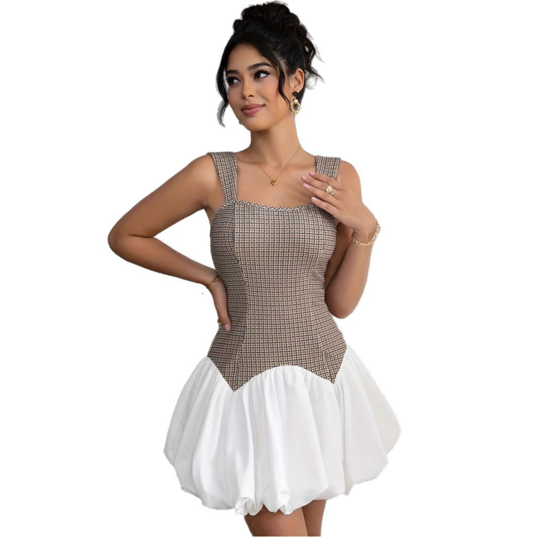 Color Block Stretchy Slim Fit Short Suspender Dress For Women