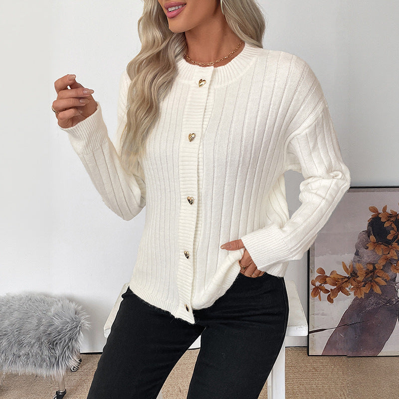 Metal Heart Button Solid Color Sweater Coat Cardigan