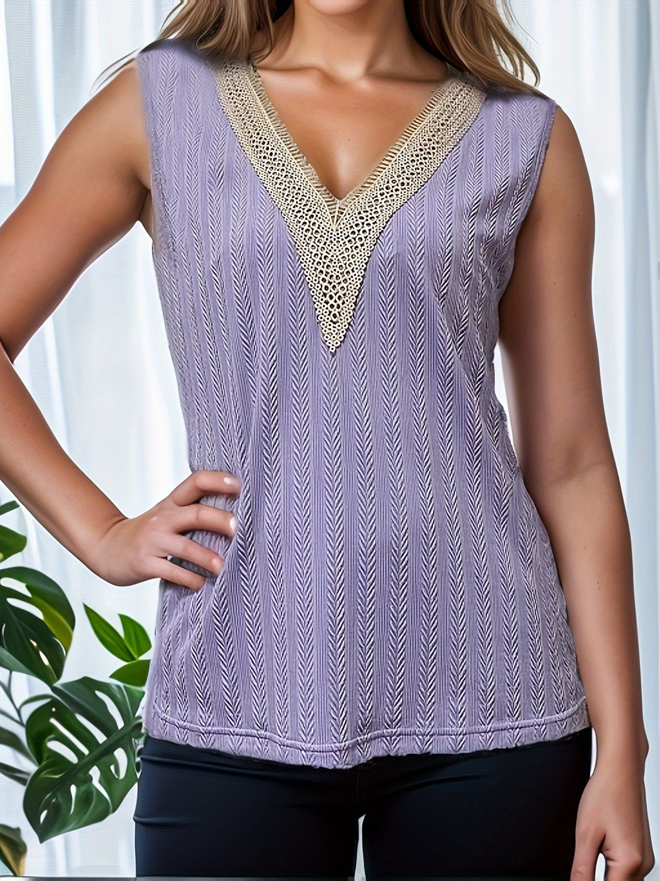 Casual Solid Color And V-neck Lace Stitching Vest For Women