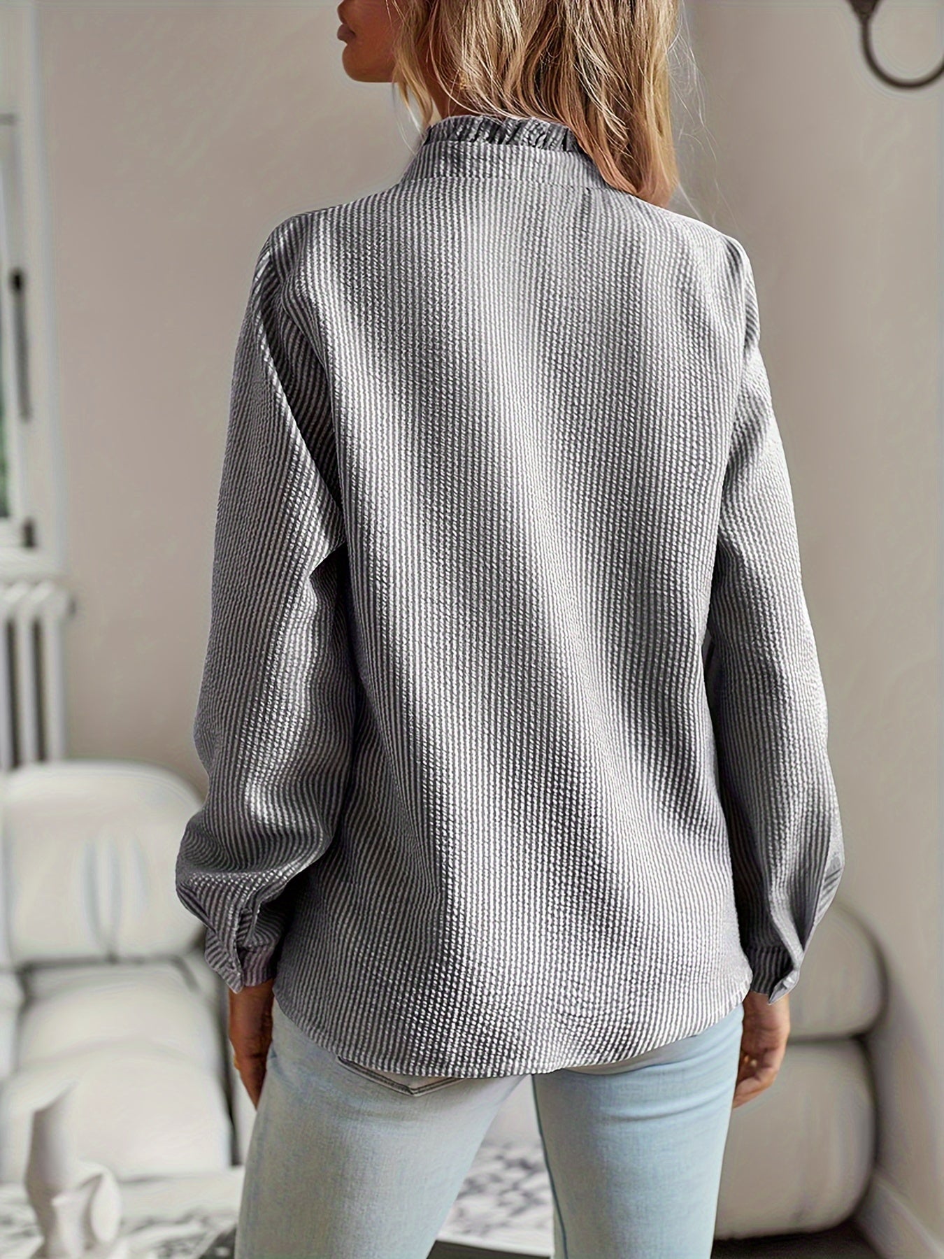 2026 New Western Style Cross-border Stand Collar Autumn Ruffled Cardigan Ruffle Long Sleeve Bubble Top Women's Shirt