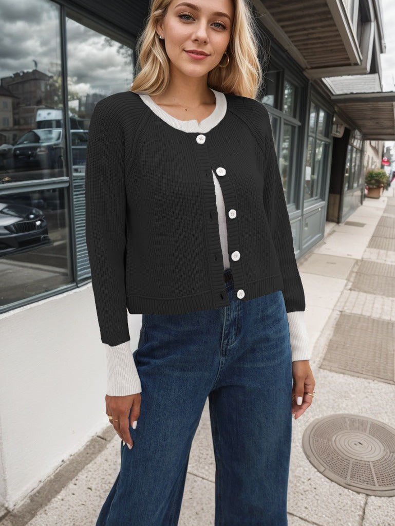 Fashion Round Neck Single Row Button Contrast Color Coat For Women