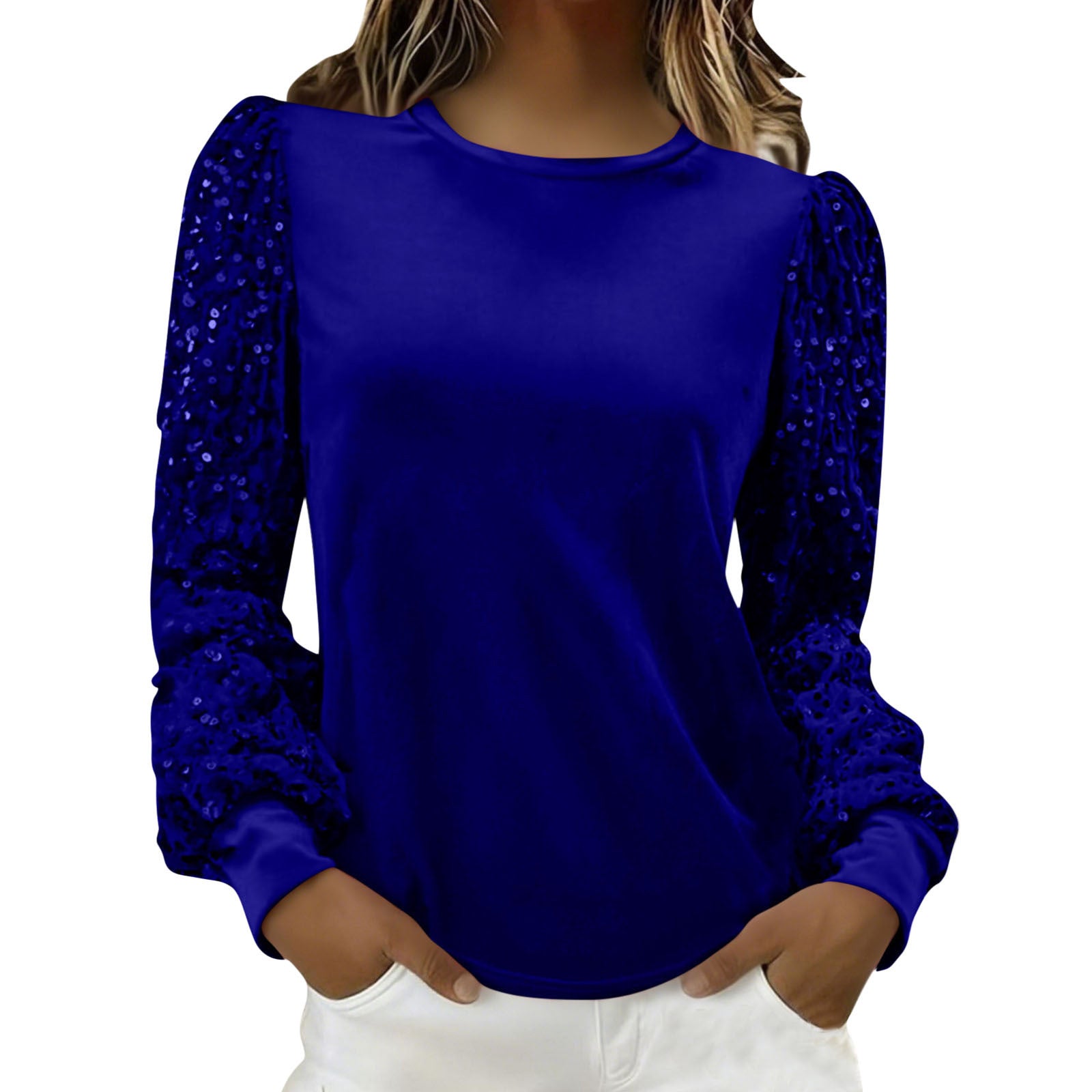 Velvet Crew-Neck Sequin-Patchwork Long-Sleeve T-Shirt Top