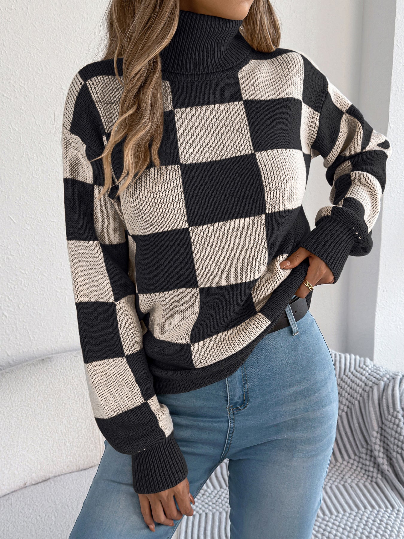 Women's High Neck Color-Blocked Plaid Lantern Sleeve Sweater