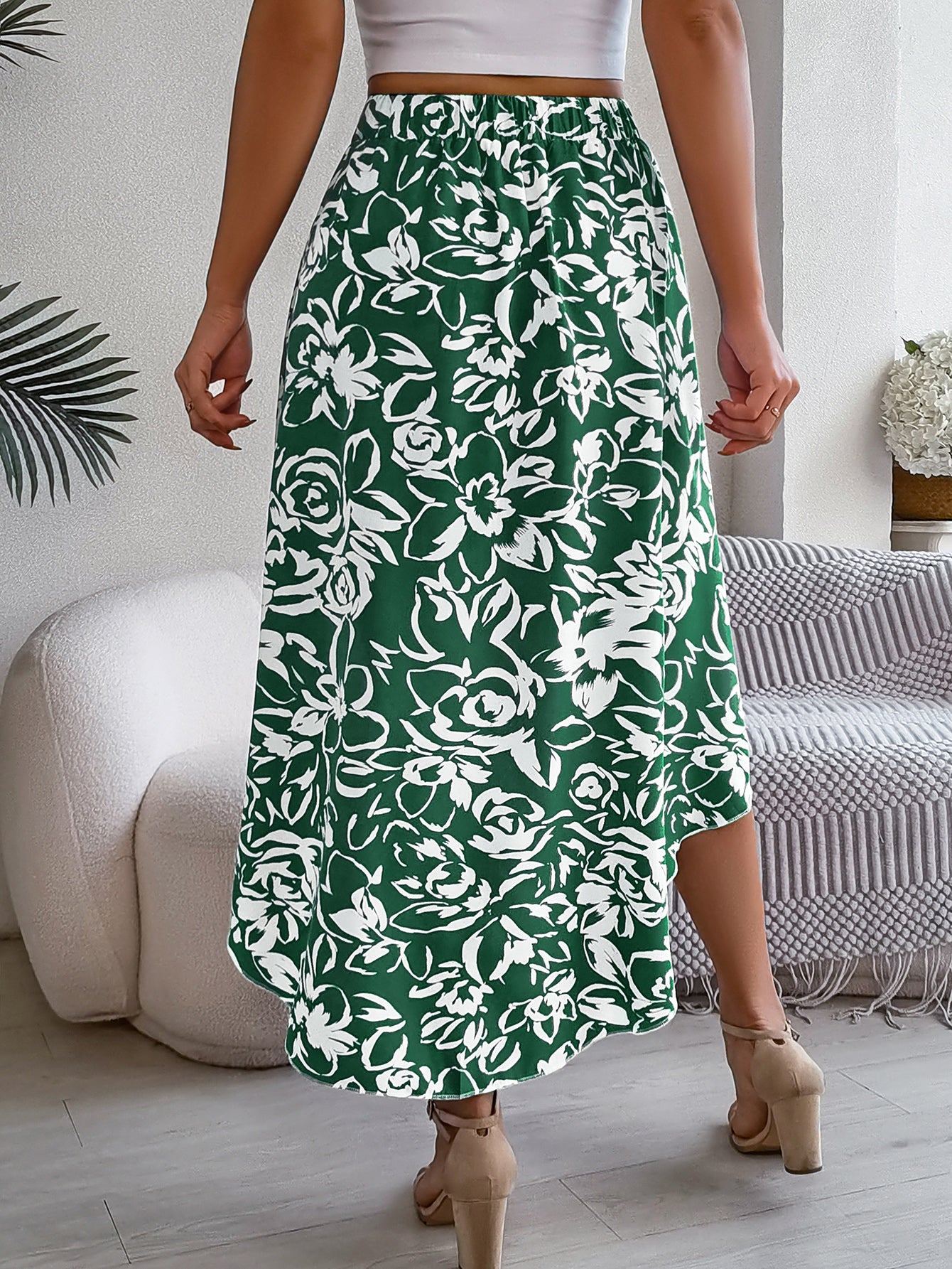 Women's Floral Print Ruffle Hem Midi Asymmetric Skirt