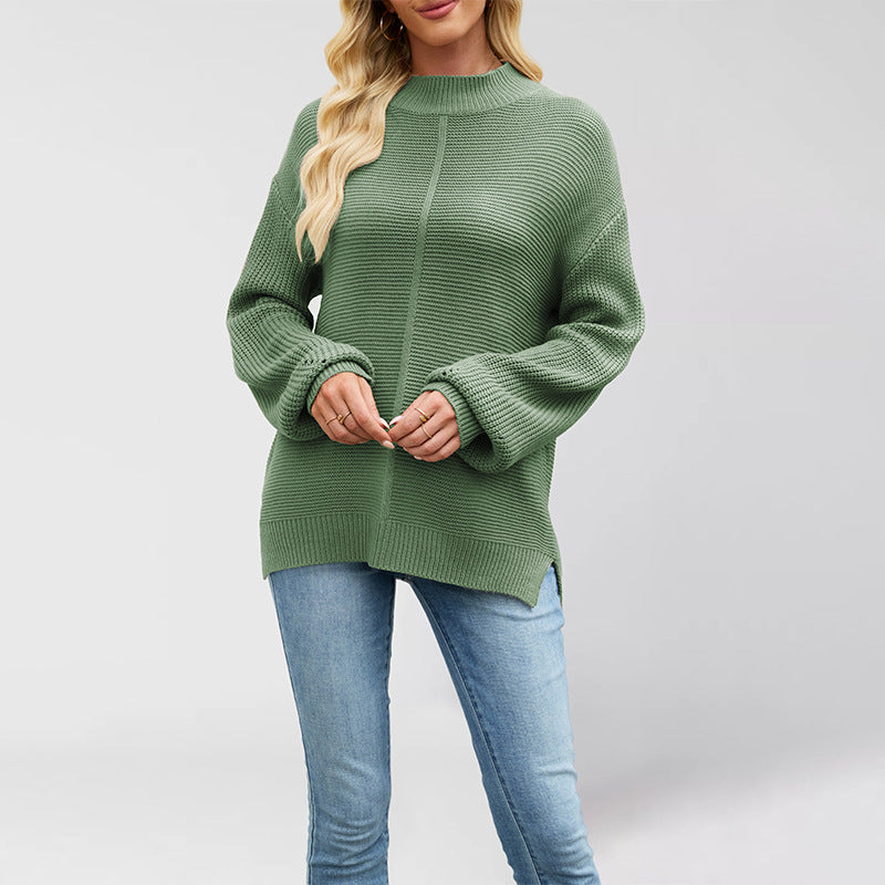 Knitted Solid Color Half Collar Loose Pullover New Sweater