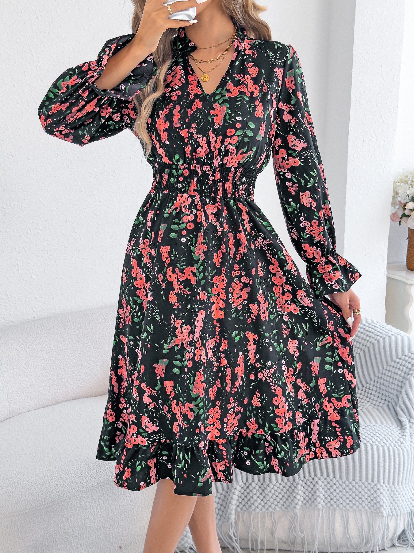 Women's Casual Floral Print Bell Sleeve Tie Waist A-Line Dress