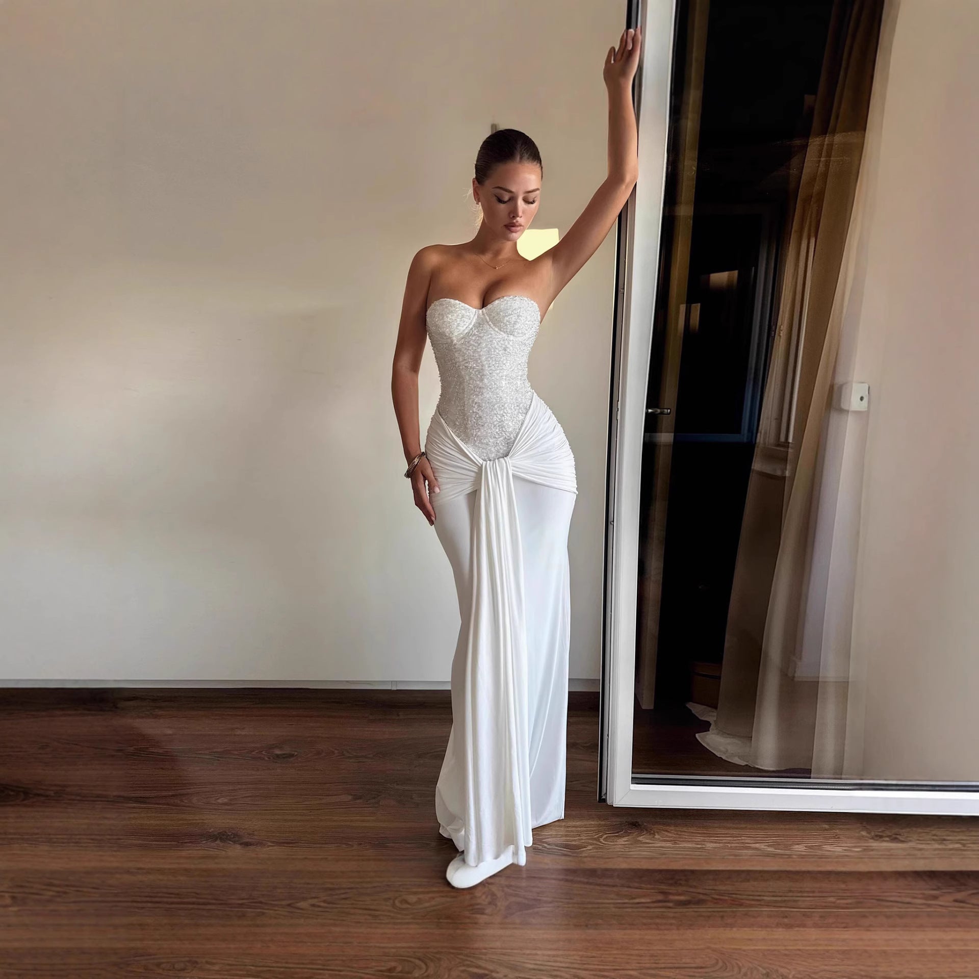 Womens Sexy Bandage Dress Adorned With Sparkling Rhinestones And Delicate Spaghetti Straps