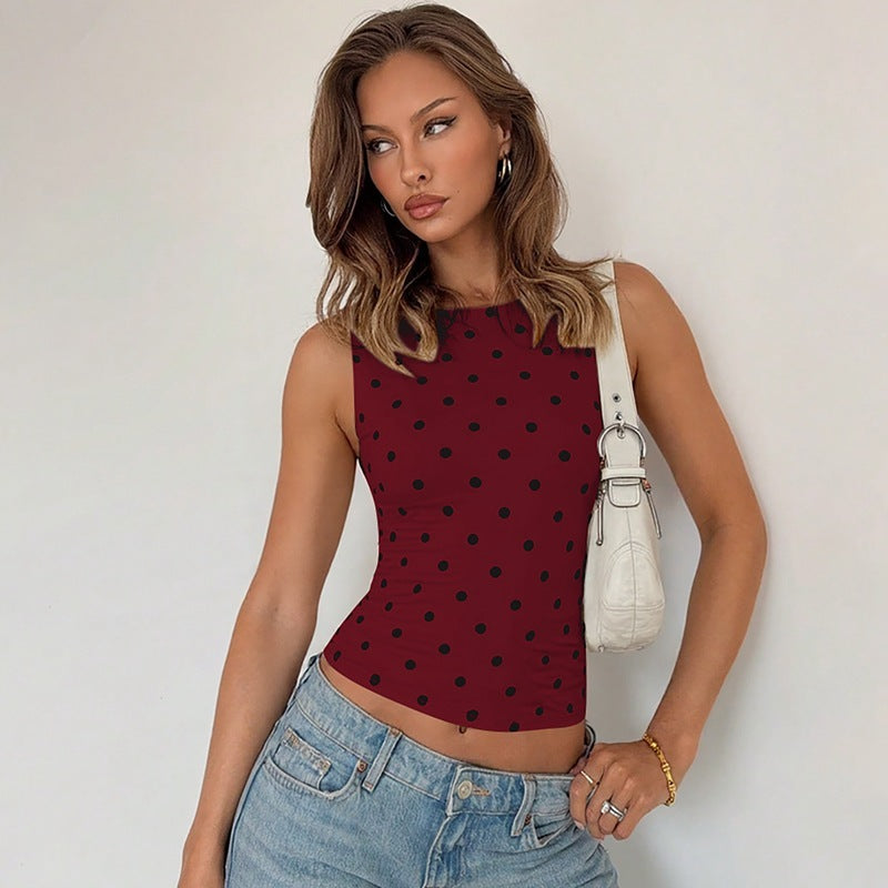 Women's Fashion Dotted Prints Slim Round Neck Sleeveless Top
