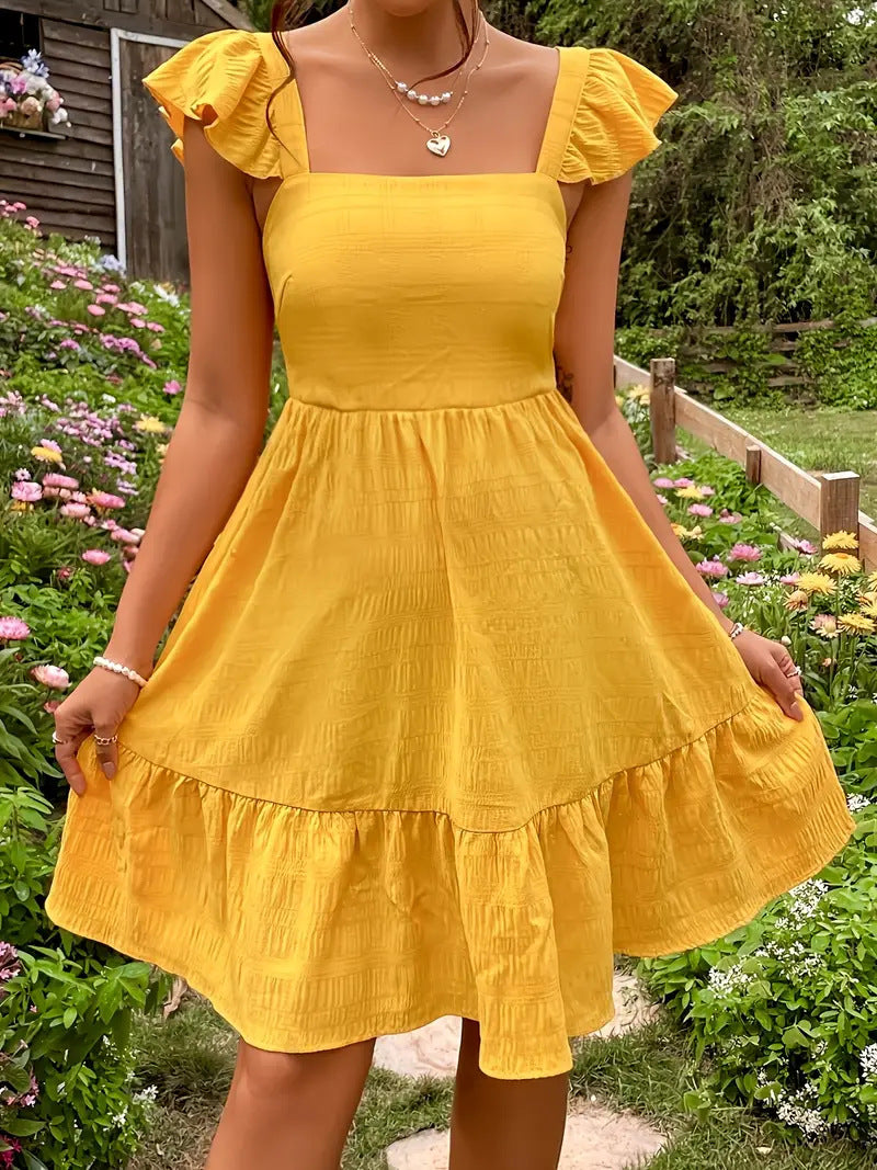 Bohemian Ruffled Backless Dress With A Square Neckline And Shirred Detailing