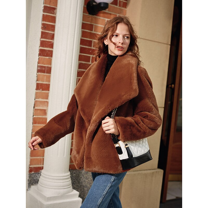 Caramel Fashionable Large Lapel Fur Coat Women's Autumn And Winter Thickened Short Coat