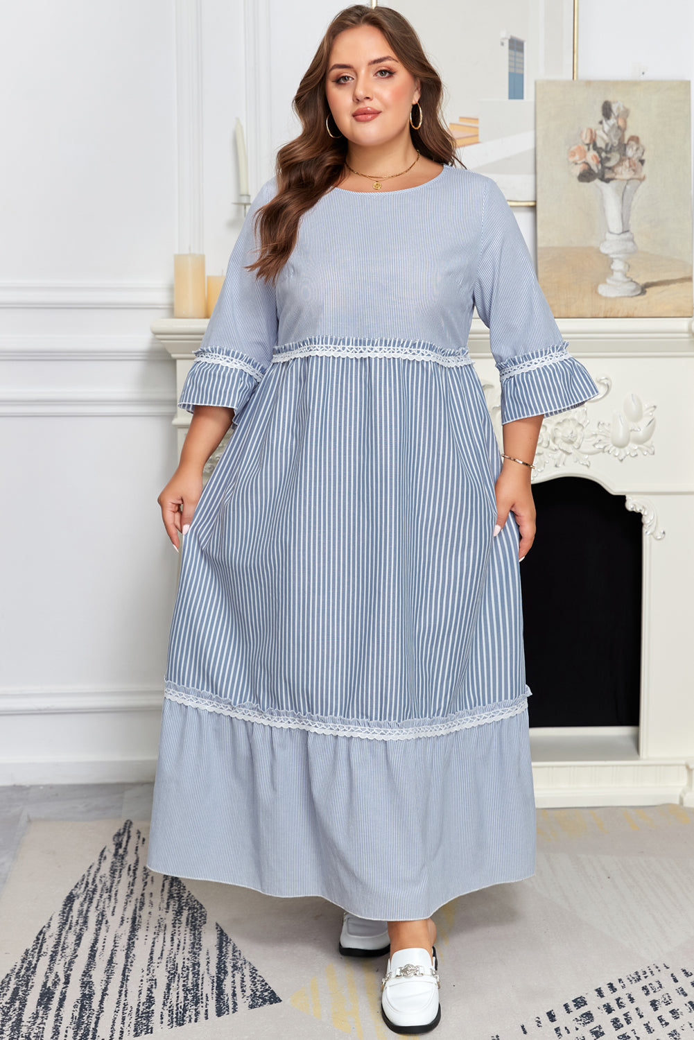 Sky Blue Stripe Crisscross Lace Detail Mixed Striped Patchwork Plus Size Shift Long Dress