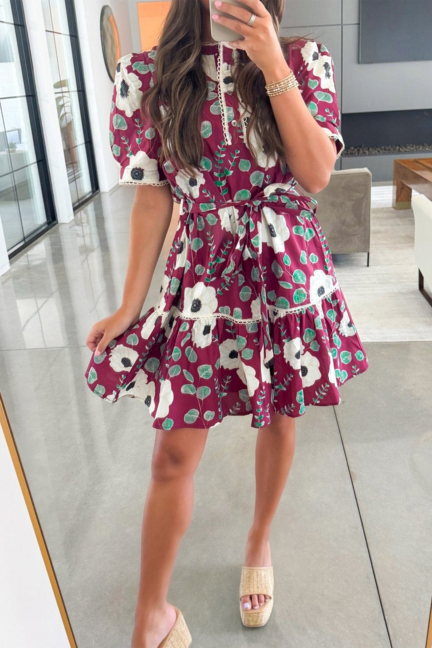 Red Floral Print Trimmed Short Puff Sleeve Mini Dress with Belt